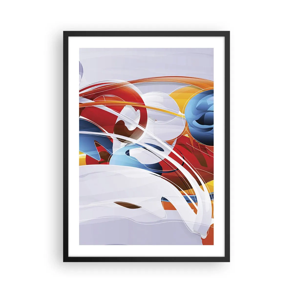 Plakat w czarnej ramie - Kolorowa abstrakcja z dynamicznymi kształtami - 50x70cm - Taniec żywiołów - Nowoczesna dekoracja ścienna do salonu i sypialni ARTTOR
