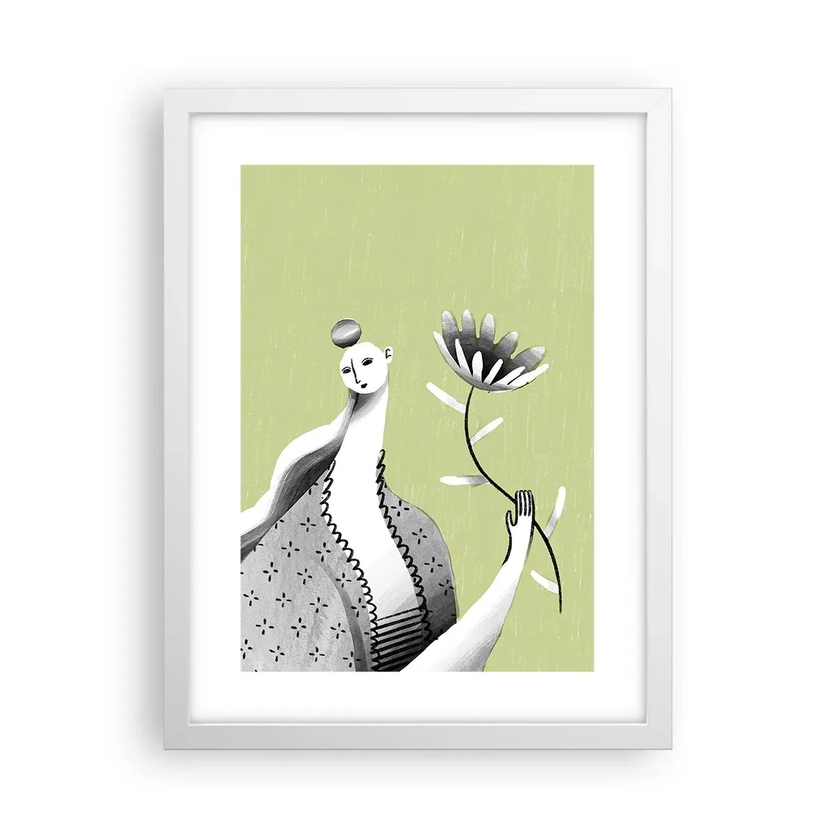 Plakat w białej ramie - Portret modernistyczny – trzymająca kwiat - 30x40 cm