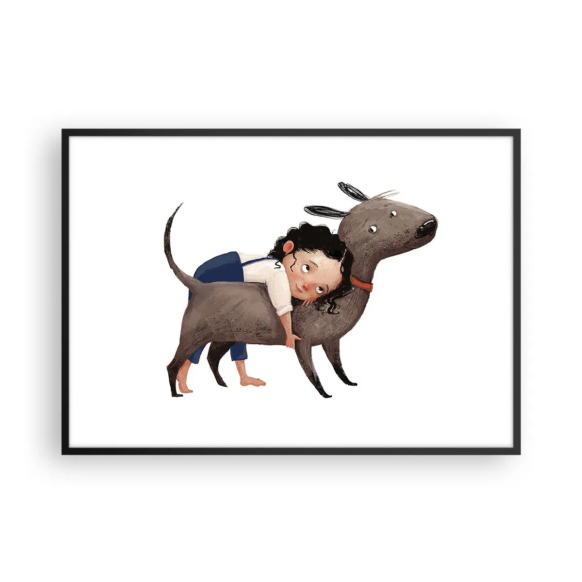 Plakat w czarnej ramie - Ilustracja dziecka przytulającego psa w rysunkowym stylu - 100x70cm - Najlepsi przyjaciele - Nowoczesna dekoracja ścienna do salonu i sypialni ARTTOR