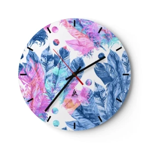 Zegar ścienny - Kolorowe pióra w stylu akwarelowym - 30x30cm - Pióropusze w różu i błękicie - Nowoczesna dekoracja ścienna do salonu, kuchni i sypialni ARTTOR
