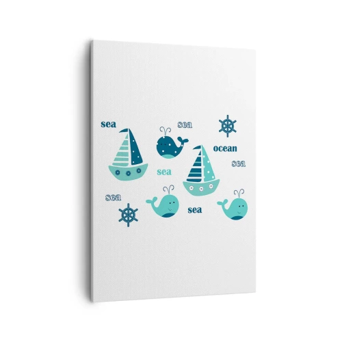 Obraz na płótnie - Marynistyczna ilustracja z łódkami i wielorybami - 50x70cm - Przez morza i oceany - Nowoczesna dekoracja ścienna do salonu, kuchni i sypialni ARTTOR