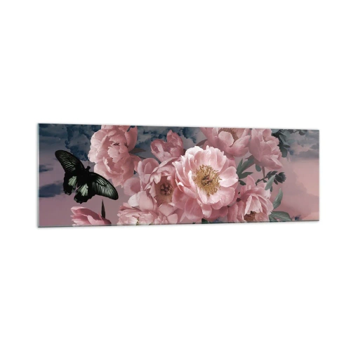 Obraz na szkle - Różowe piwonie z motylem na pastelowym tle - 160x50cm - Szczyt romantyzmu - Nowoczesna dekoracja ścienna do salonu i sypialni ARTTOR