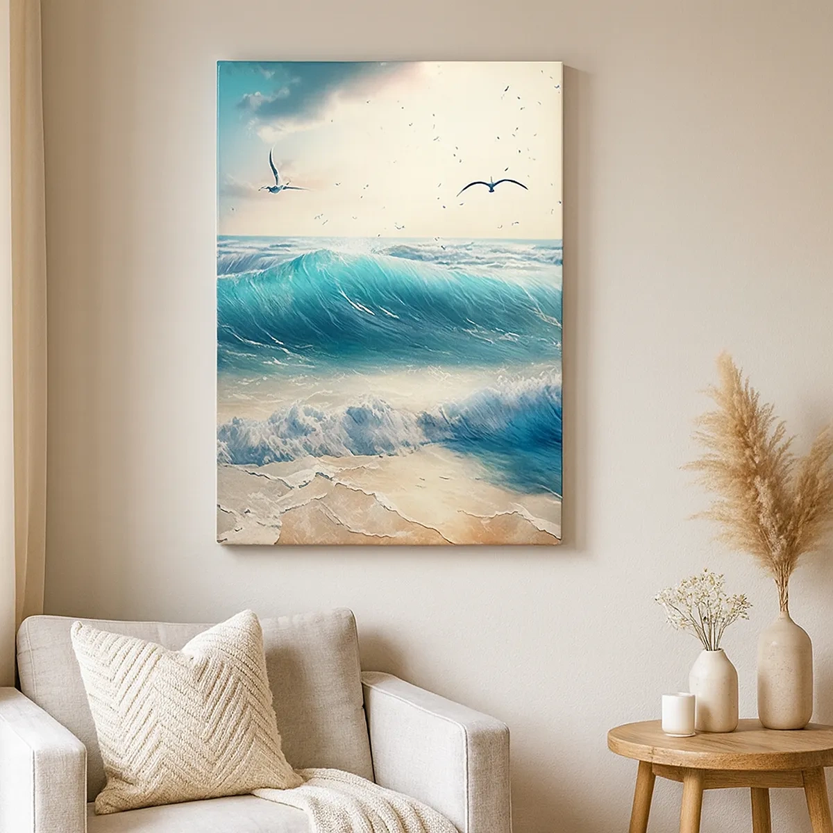 Obraz na płótnie - Turkusowe fale oceanu i mewy na tle jasnego nieba - 50x70cm - Szumi tylko dla ciebie - Nowoczesna dekoracja ścienna do salonu, kuchni i sypialni ARTTOR