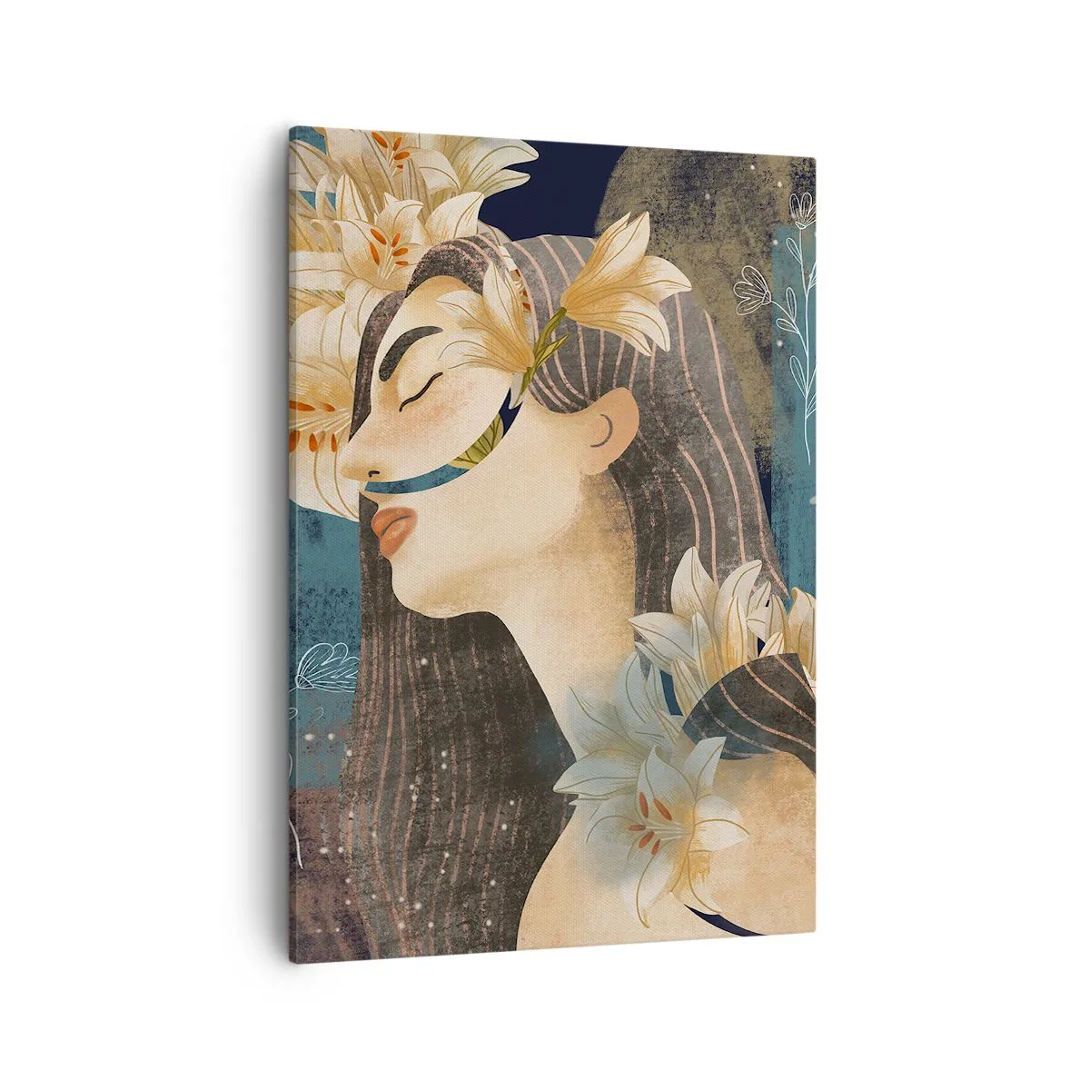Obraz na płótnie - Portret stylizowanej kobiety z liliami we włosach - 50x70cm - Baśń o królewnie z liliami - Nowoczesna dekoracja ścienna do salonu, kuchni i sypialni ARTTOR