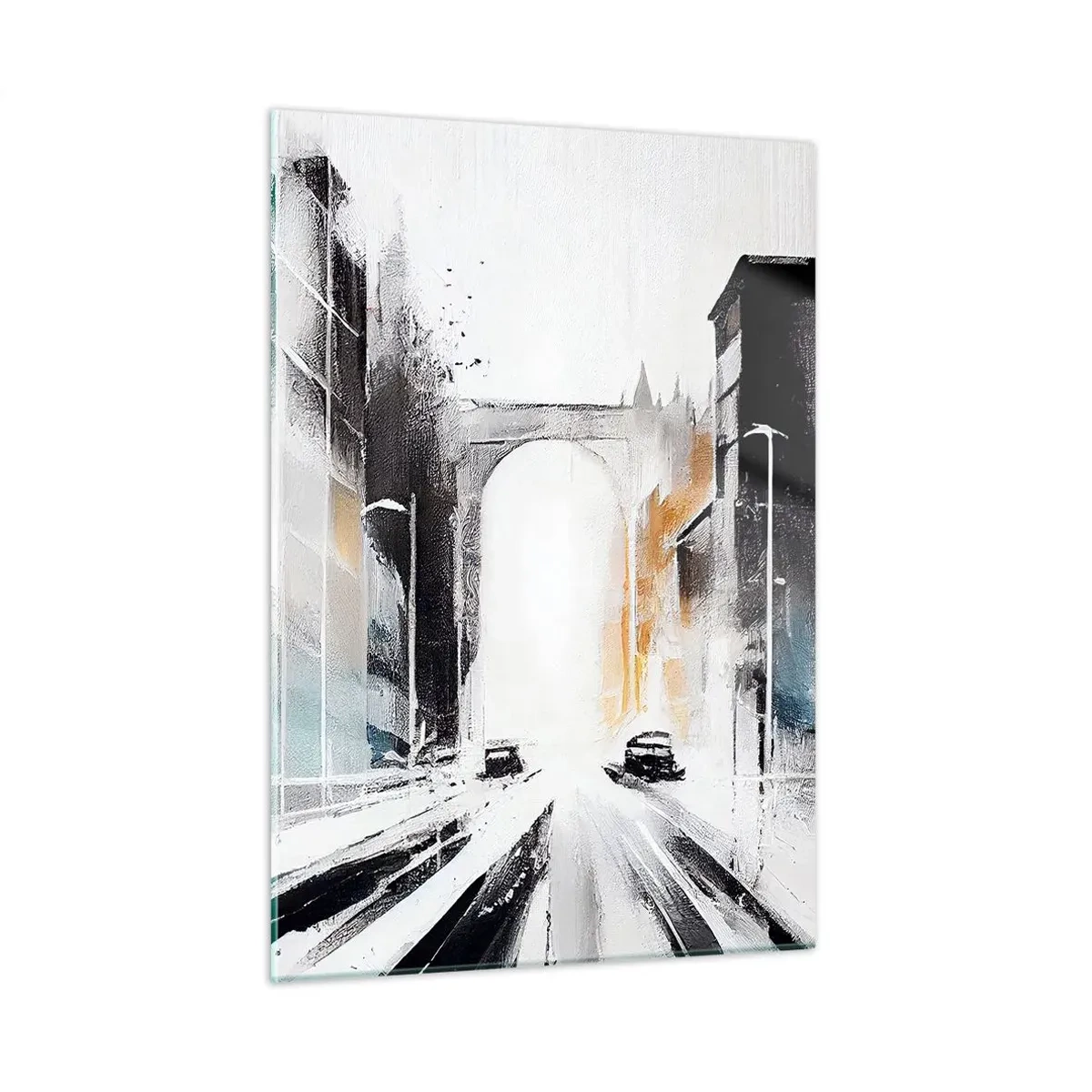 Obraz na szkle - Dynamiczna miejska ulica z samochodami i łukiem w tle w malarskim stylu - 50x70cm - Studium miasta: architektura i ruch - Nowoczesna dekoracja ścienna do salonu, kuchni i sypialni ARTTOR