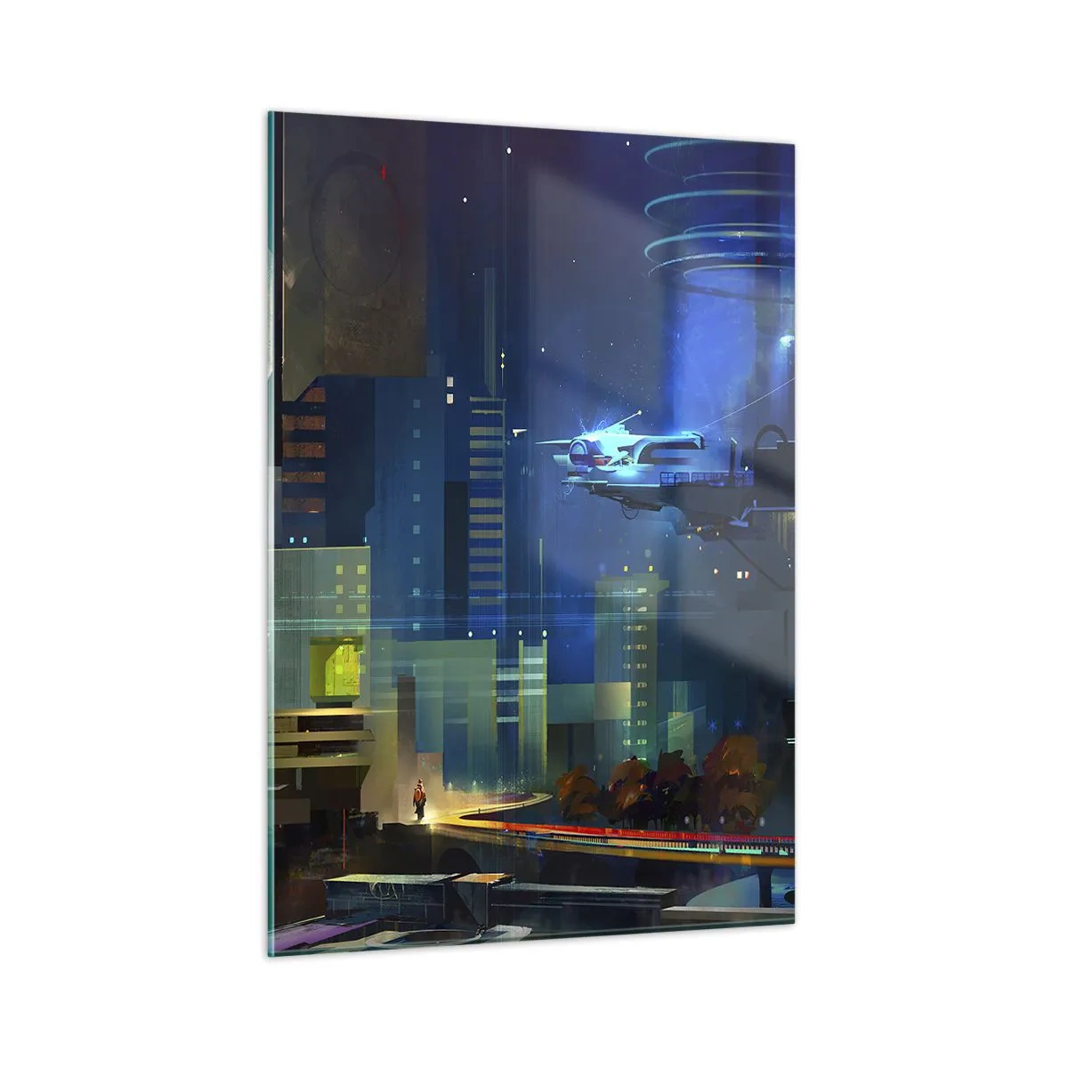 Obraz na szkle - Futurystyczne miasto nocą z neonowymi światłami i latającym pojazdem - 50x70cm - W niedalekiej przyszłości - Nowoczesna dekoracja ścienna do salonu, kuchni i sypialni ARTTOR