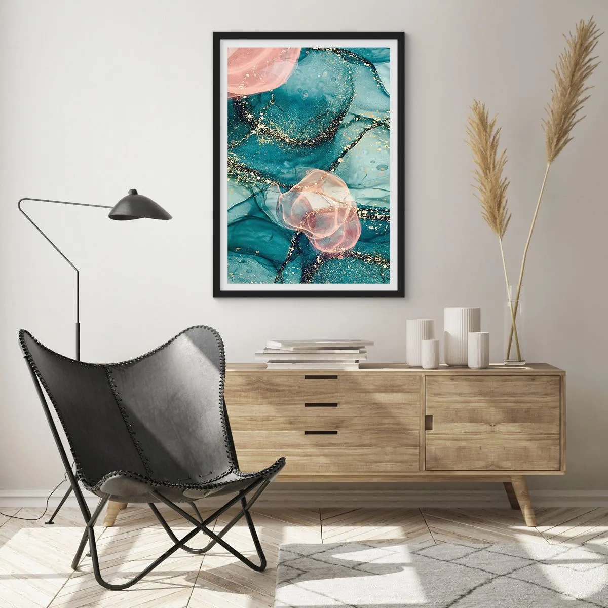 Plakat w czarnej ramie - Abstrakcyjna kompozycja w odcieniach turkusu i złota - 50x70cm - Jedwabny błękit, tiulowy róż - Nowoczesna dekoracja ścienna do salonu i sypialni ARTTOR