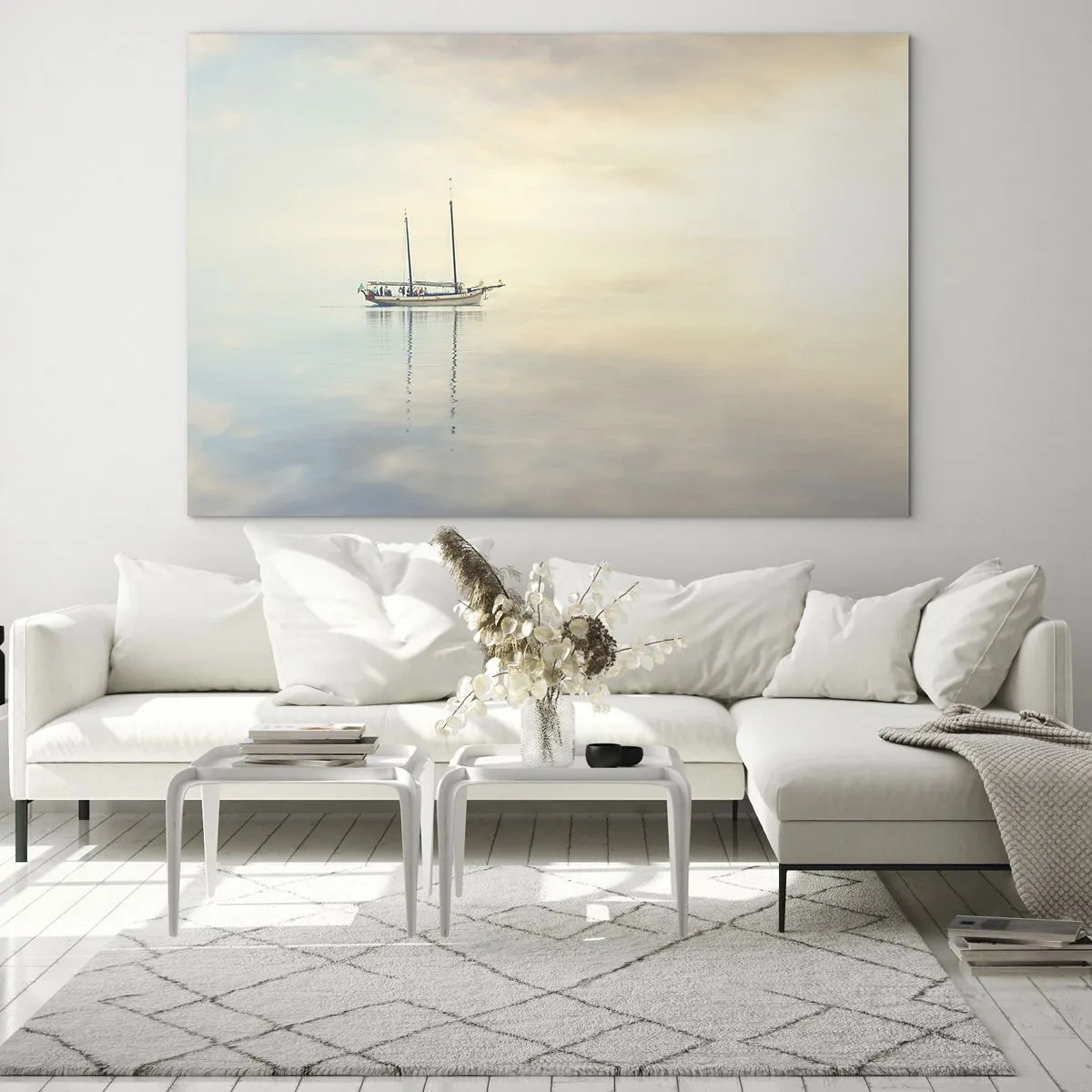 Obraz na szkle - Żaglówka dryfująca po spokojnym morzu o świcie - 70x50cm - W morzu ciszy - Nowoczesna dekoracja ścienna do salonu i sypialni ARTTOR