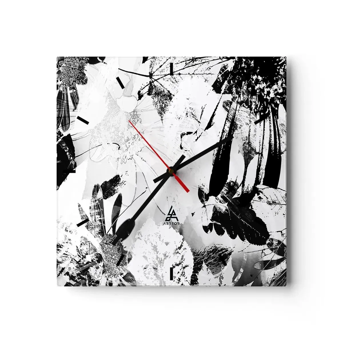 Zegar ścienny - Czarno-białe abstrakcyjne kwiaty w minimalistycznym stylu - 30x30cm - Jesień w negatywie - Nowoczesna dekoracja ścienna do salonu i sypialni ARTTOR