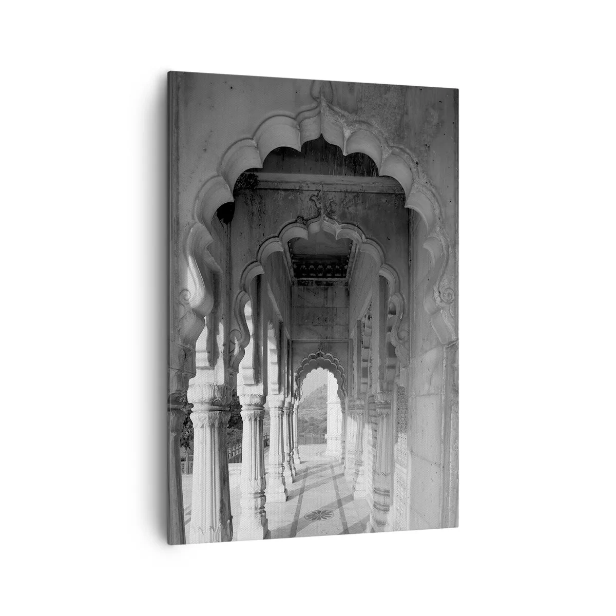 Obraz na płótnie - Monochromatyczna fotografia orientalnych łuków w pałacu - 70x100cm - Tu dzieją się baśnie Wschodu - Nowoczesna dekoracja ścienna do salonu i sypialni ARTTOR