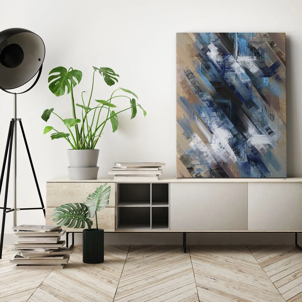 Obraz na płótnie - Abstrakcyjna kompozycja z ukośnymi liniami w odcieniach błękitu i beżu - 50x70cm - Po błękitnym skosie - Nowoczesna dekoracja ścienna do salonu, kuchni i sypialni ARTTOR