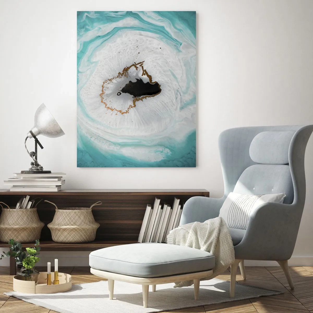 Obraz na szkle - Abstrakcyjny motyw geody w odcieniach turkusu, bieli i złota - 80x120cm - Wniknąć do wnętrza - Nowoczesna dekoracja ścienna do salonu i sypialni ARTTOR