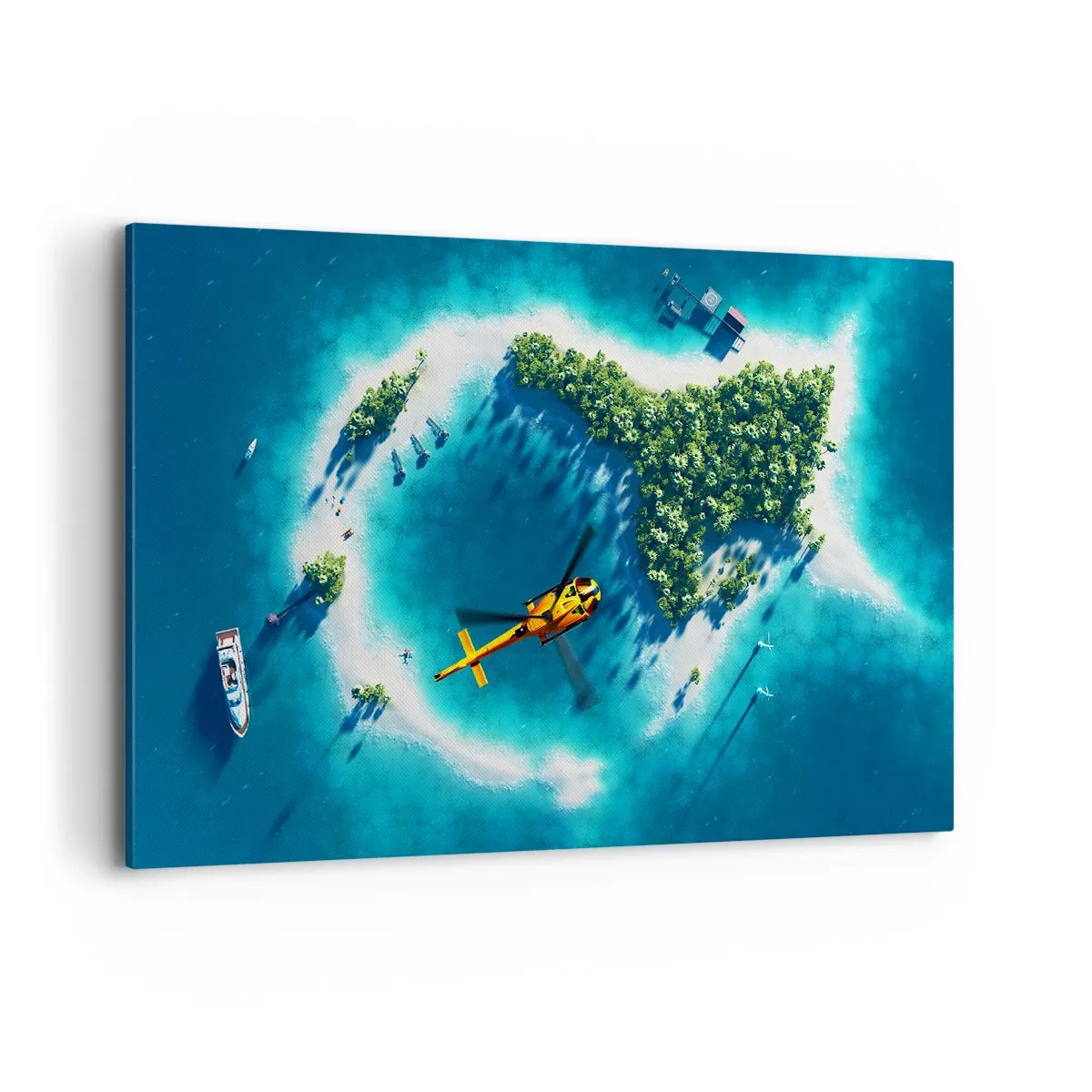 Obraz na płótnie - Tropikalna wyspa otoczona turkusową wodą z widocznym helikopterem - 120x80cm - Kup sobie wyspę - Nowoczesna dekoracja ścienna do salonu, kuchni i sypialni ARTTOR