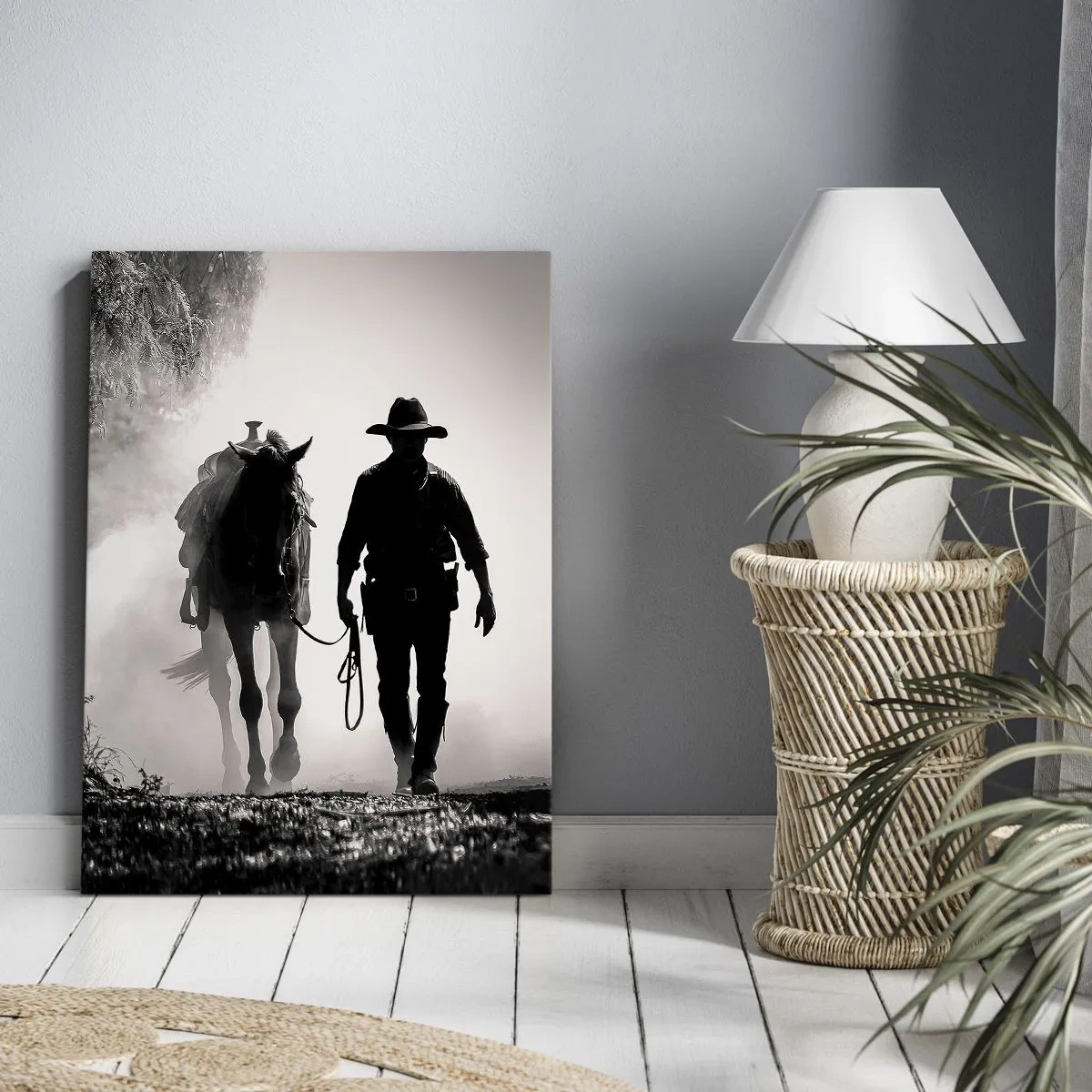 Obraz na płótnie - Sylwetka kowboja prowadzącego konia we mgle - 50x70cm - Teksański poranek - Nowoczesna dekoracja ścienna do salonu, kuchni i sypialni ARTTOR