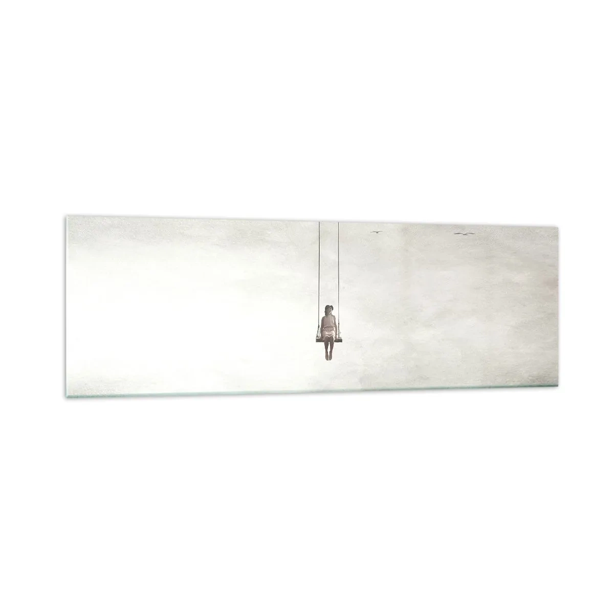 Obraz na szkle - Postać na huśtawce zawieszonej w przestrzeni - 160x50cm - Dziecko w nas - Nowoczesna dekoracja ścienna do salonu i sypialni ARTTOR