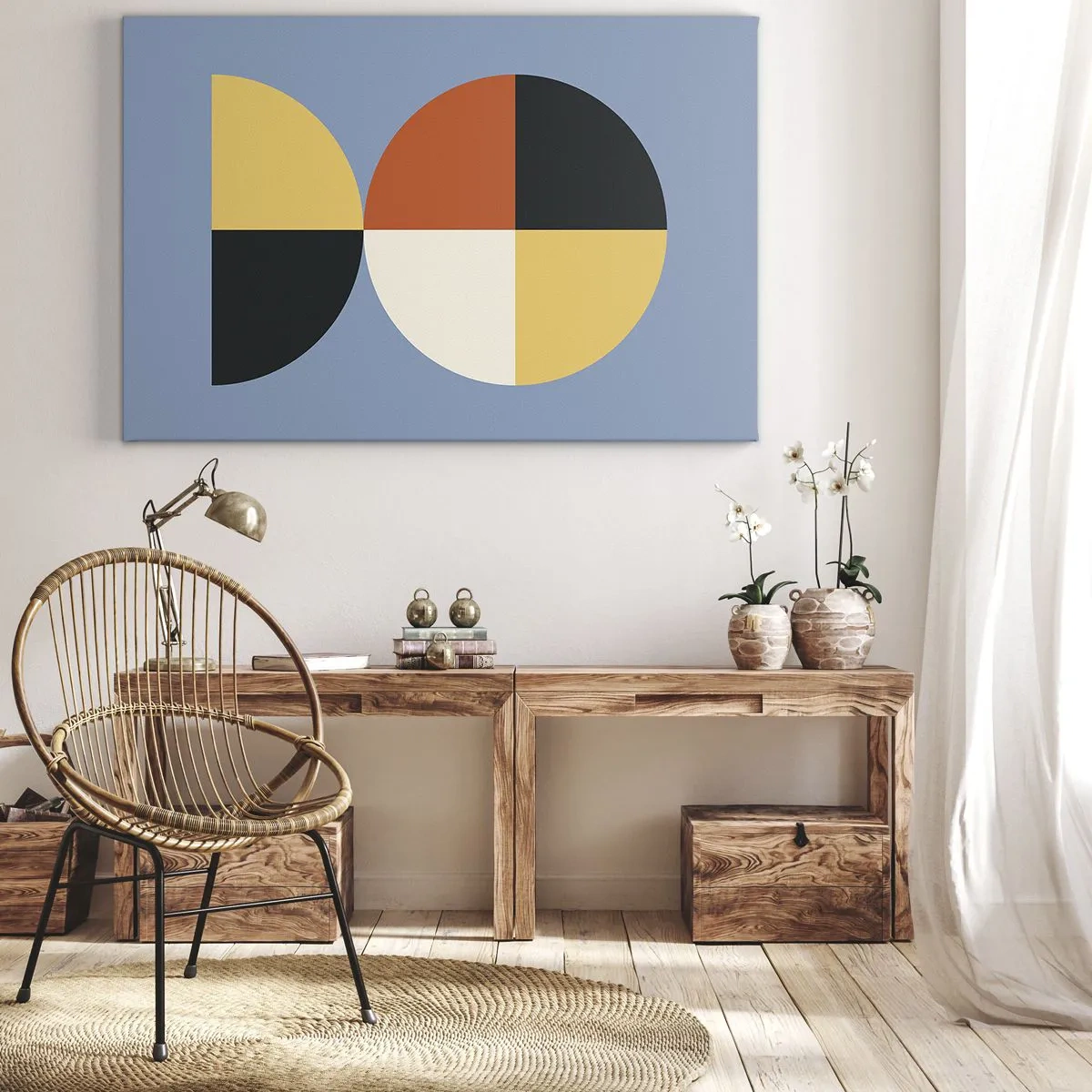 Obraz na płótnie - Geometryczne koła na błękitnym tle - 70x50cm - Patrz i licz - Nowoczesna dekoracja ścienna do salonu i sypialni ARTTOR