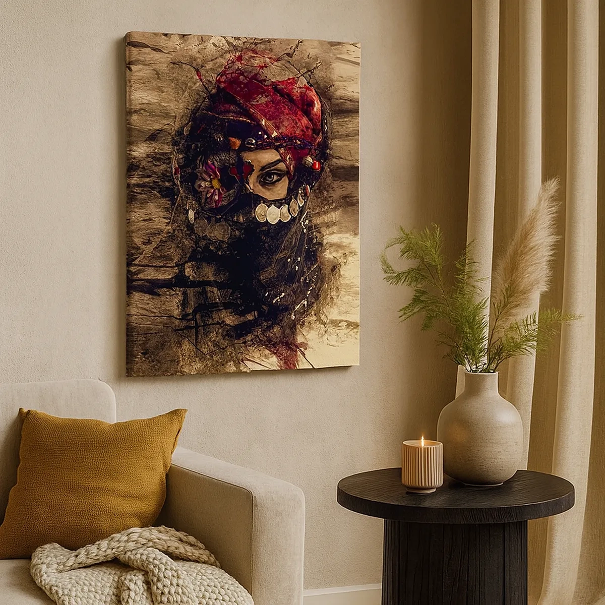 Obraz na płótnie - Tajemnicza kobieta w orientalnym stroju z zakrytą twarzą i wyrazistym spojrzeniem - 50x70cm - Co najmniej niepokojąca - Nowoczesna dekoracja ścienna do salonu, kuchni i sypialni ARTTOR