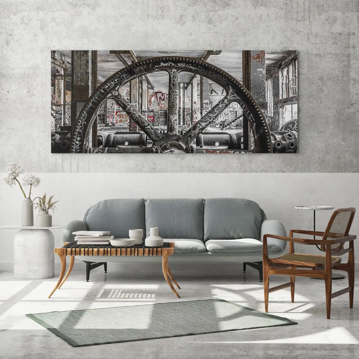 Obraz na szkle - Stary mechanizm w opuszczonym industrialnym wnętrzu - 120x50cm - Sekretne życie fabryki - Nowoczesna dekoracja ścienna do salonu i sypialni ARTTOR