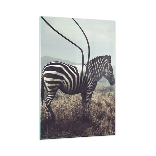 Obraz na szkle - Surrealistyczna zebra na tle trawiastego krajobrazu - 80x120cm - Uwaga! Usterka - Nowoczesna dekoracja ścienna do salonu i sypialni ARTTOR