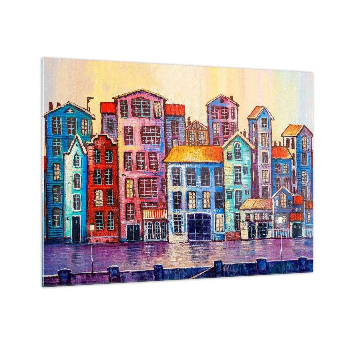Obraz na szkle - Kolorowe kamienice odbijające się w wodzie - 70x50cm - Miasto jak z bajki - Nowoczesna dekoracja ścienna do salonu i sypialni ARTTOR