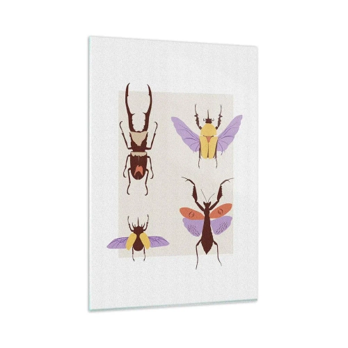 Obraz na szkle - Minimalistyczna ilustracja różnych gatunków chrząszczy na jasnym tle - 80x120cm - Owadzi świat - Nowoczesna dekoracja ścienna do salonu i sypialni ARTTOR