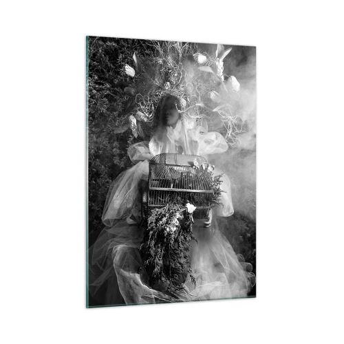 Obraz na szkle - Kobieta w tiulowej sukni z klatką i koroną z roślin w czerni i bieli - 50x70cm - Sama Matka – Natura - Nowoczesna dekoracja ścienna do salonu, kuchni i sypialni ARTTOR