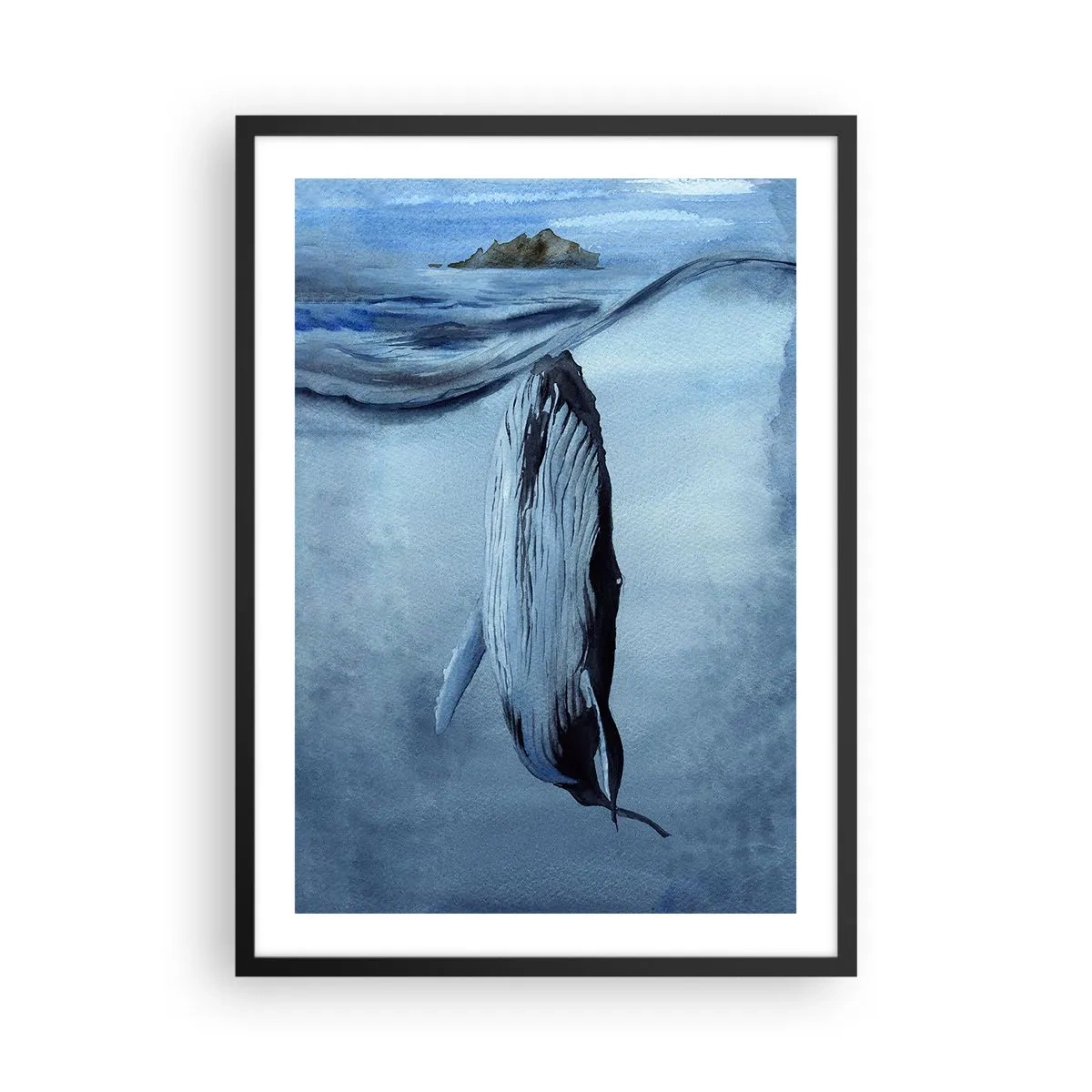 Plakat w czarnej ramie - Wieloryb pod powierzchnią oceanu - 50x70cm - Dwa światy północy - Nowoczesna dekoracja ścienna do salonu i sypialni ARTTOR