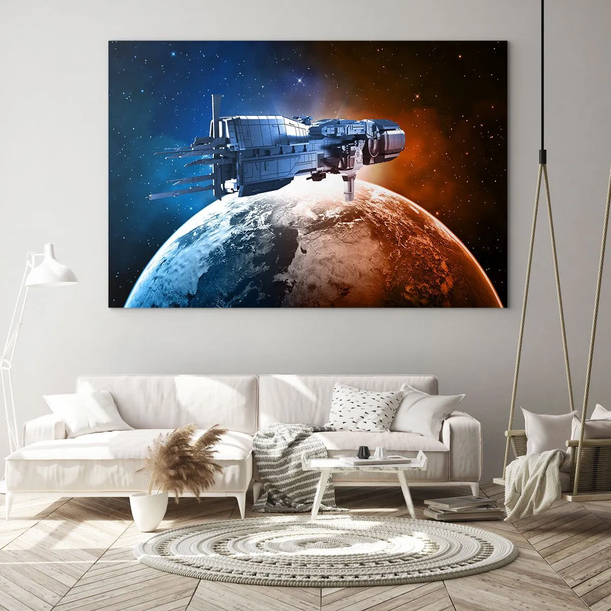 Obraz na szkle - Kosmiczny statek na orbicie planety w świetle gwiazd - 70x50cm - Uważny obserwator - Nowoczesna dekoracja ścienna do salonu i sypialni ARTTOR
