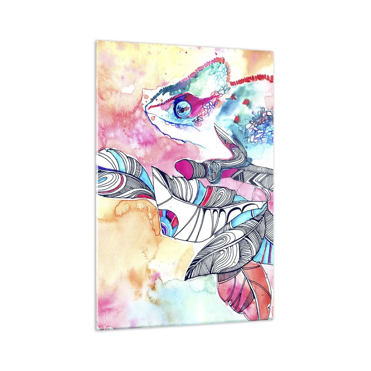 Obraz na szkle - Kolorowy kameleon na tle abstrakcyjnych liści - 70x100cm - Kolorowy jak nasz świat - Nowoczesna dekoracja ścienna do salonu i sypialni ARTTOR