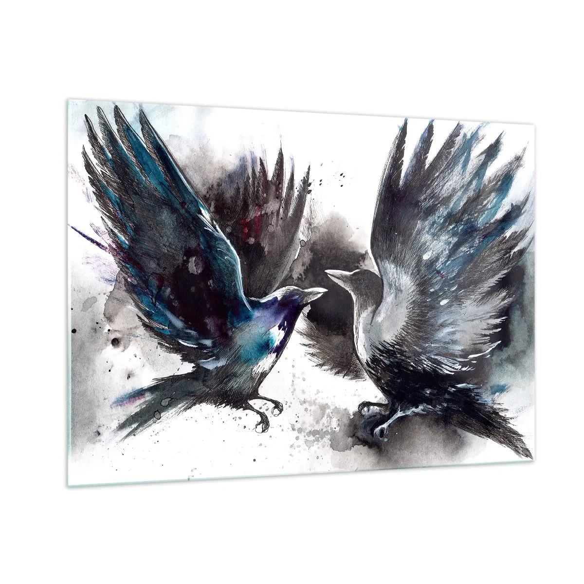 Obraz na szkle - Dwa kruki w dynamicznej pozycji z rozpostartymi skrzydłami - 100x70cm - Kruk krukowi… - Nowoczesna dekoracja ścienna do salonu, kuchni i sypialni ARTTOR