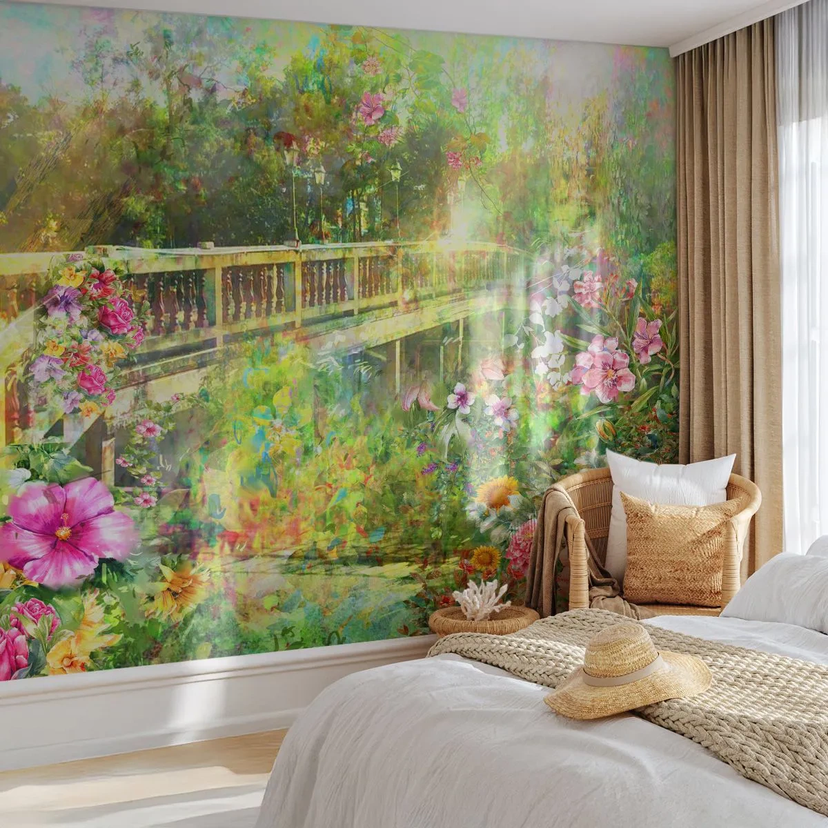 Fototapeta Premium Sand - Malowniczy mostek w otoczeniu kwitnącego ogrodu - 100x70cm - Mostek wiosennych westchnień - Nowoczesna dekoracja ścienna do salonu, kuchni i sypialni ARTTOR