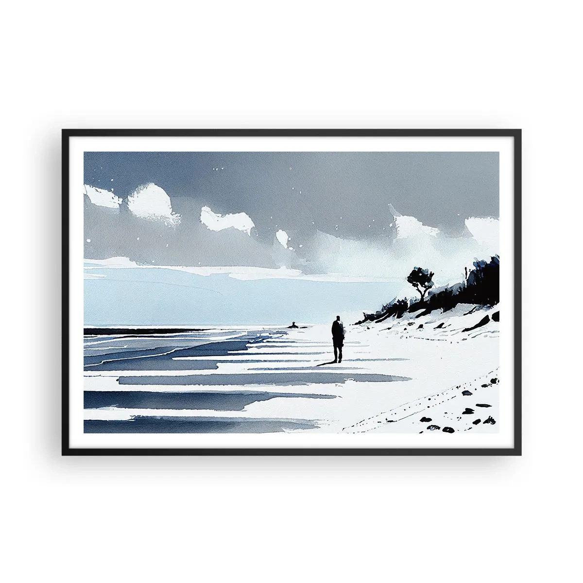 Plakat w czarnej ramie - Samotna postać spacerująca po pustej plaży - 100x70cm - Sam na sam - Nowoczesna dekoracja ścienna do salonu i sypialni ARTTOR