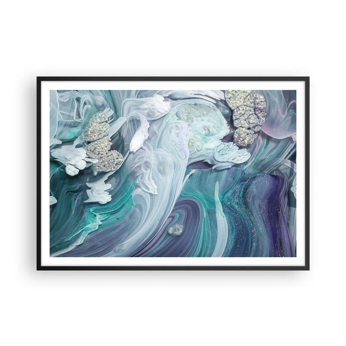 Plakat w czarnej ramie - Abstrakcyjne wiry w odcieniach błękitu i bieli - 100x70cm - Nurty błękitu - Nowoczesna dekoracja ścienna do salonu i sypialni ARTTOR