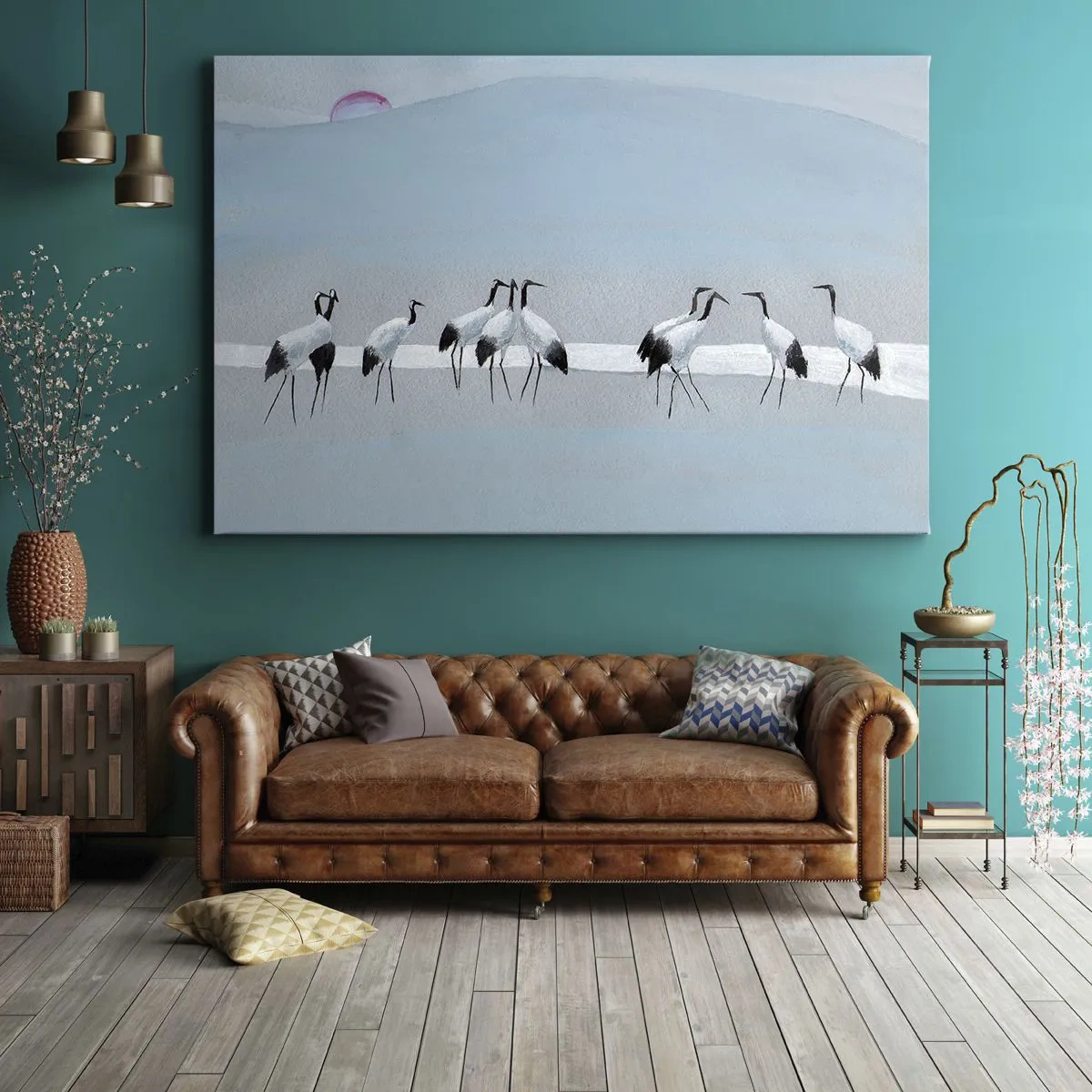 Obraz na płótnie - Grupa żurawi na tle błękitnego nieba i wschodzącego słońca - 70x50cm - Po gorącym dniu - Nowoczesna dekoracja ścienna do salonu i sypialni ARTTOR