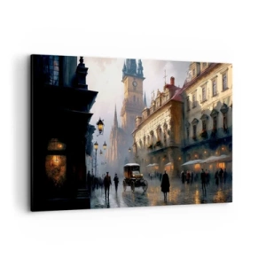 Obraz na płótnie - Wieczorna scena uliczna z zabytkową architekturą - 120x80cm - Czar praskiego wieczoru - Nowoczesna dekoracja ścienna do salonu, kuchni i sypialni ARTTOR