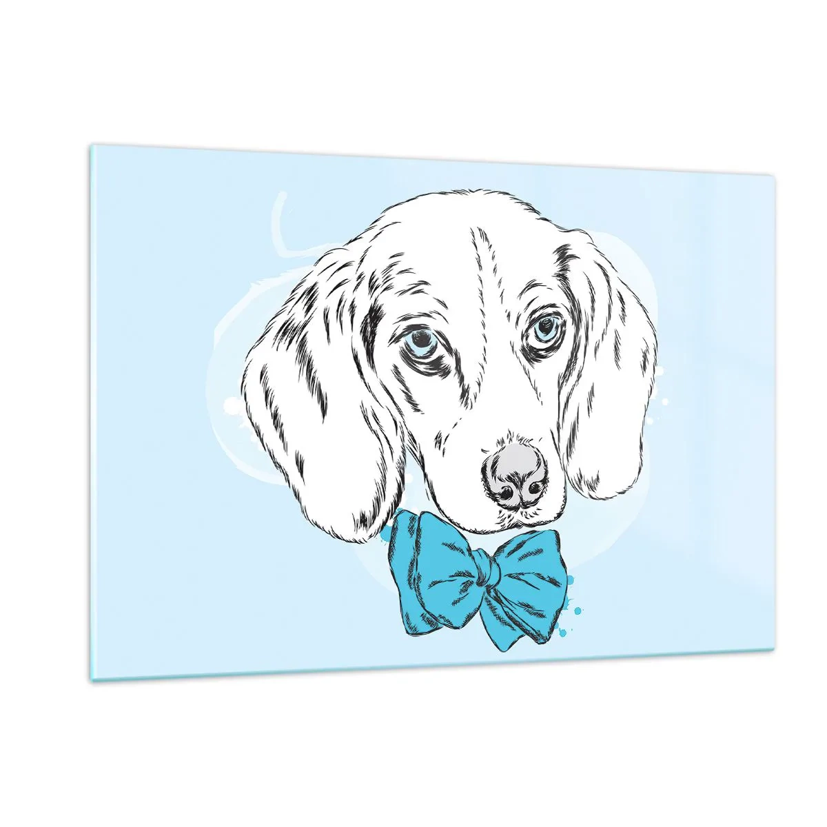 Obraz na szkle - Rysunek psa z muszką na niebieskim tle - 120x80cm - Psia elegancja - Nowoczesna dekoracja ścienna do salonu, kuchni i sypialni ARTTOR