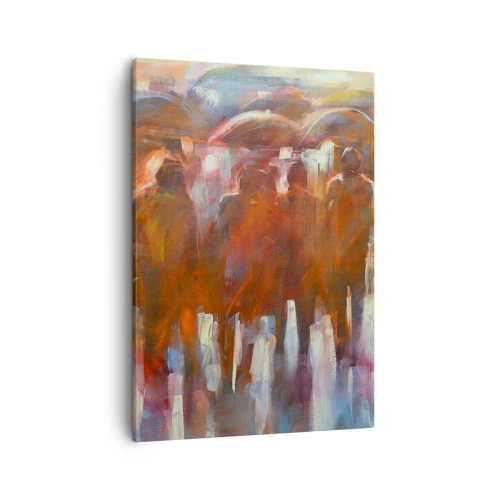 Obraz na płótnie - Sylwetki ludzi z parasolami w deszczu - 50x70cm - Równi w deszczu i mgle - Nowoczesna dekoracja ścienna do salonu, kuchni i sypialni ARTTOR