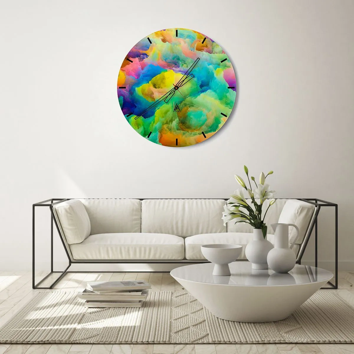 Zegar ścienny - Abstrakcyjne, kolorowe chmury w jaskrawych barwach - 30x30cm - Tęczowy puch - Nowoczesna dekoracja ścienna do salonu, kuchni i sypialni ARTTOR