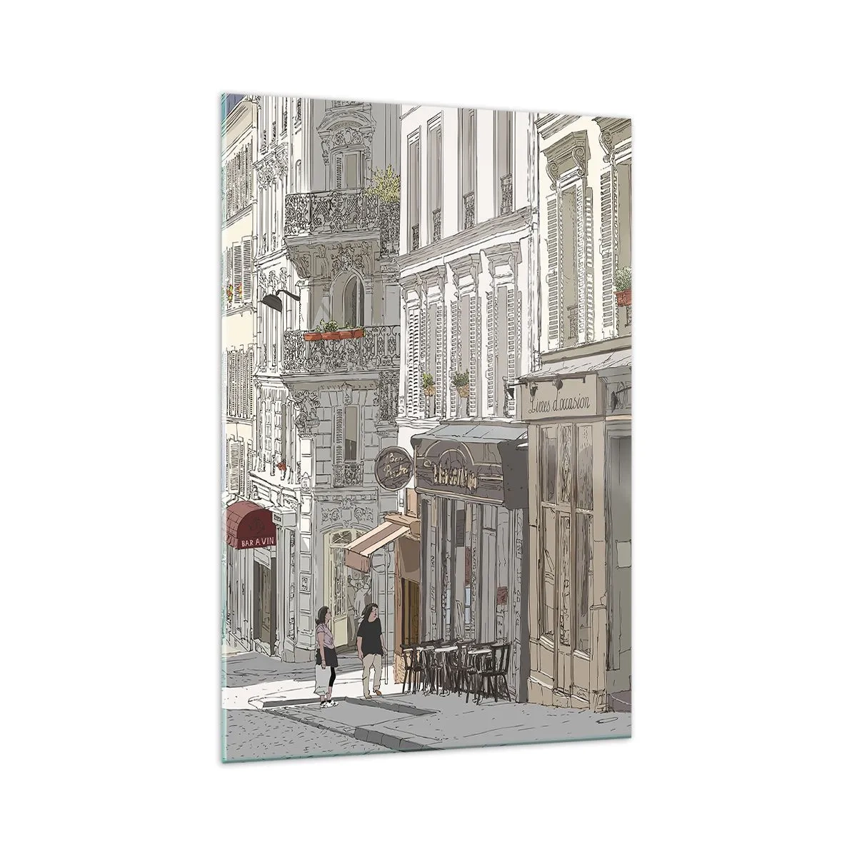 Obraz na szkle - Ilustracja ulicy miejskiej z kawiarniami i sklepami - 70x100cm - Miejskie radości - Nowoczesna dekoracja ścienna do salonu i sypialni ARTTOR