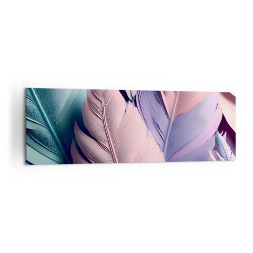 Obraz na płótnie - Kolorowe pióra w pastelowych odcieniach na jasnym tle - 160x50cm - Ptasi szyk - Nowoczesna dekoracja ścienna do salonu i sypialni ARTTOR