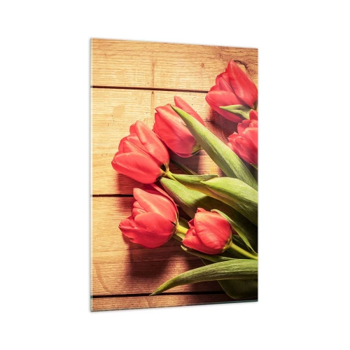 Obraz na szkle - Bukiet różowych tulipanów na drewnianym tle - 70x100cm - Wiosenne wyznanie - Nowoczesna dekoracja ścienna do salonu i sypialni ARTTOR