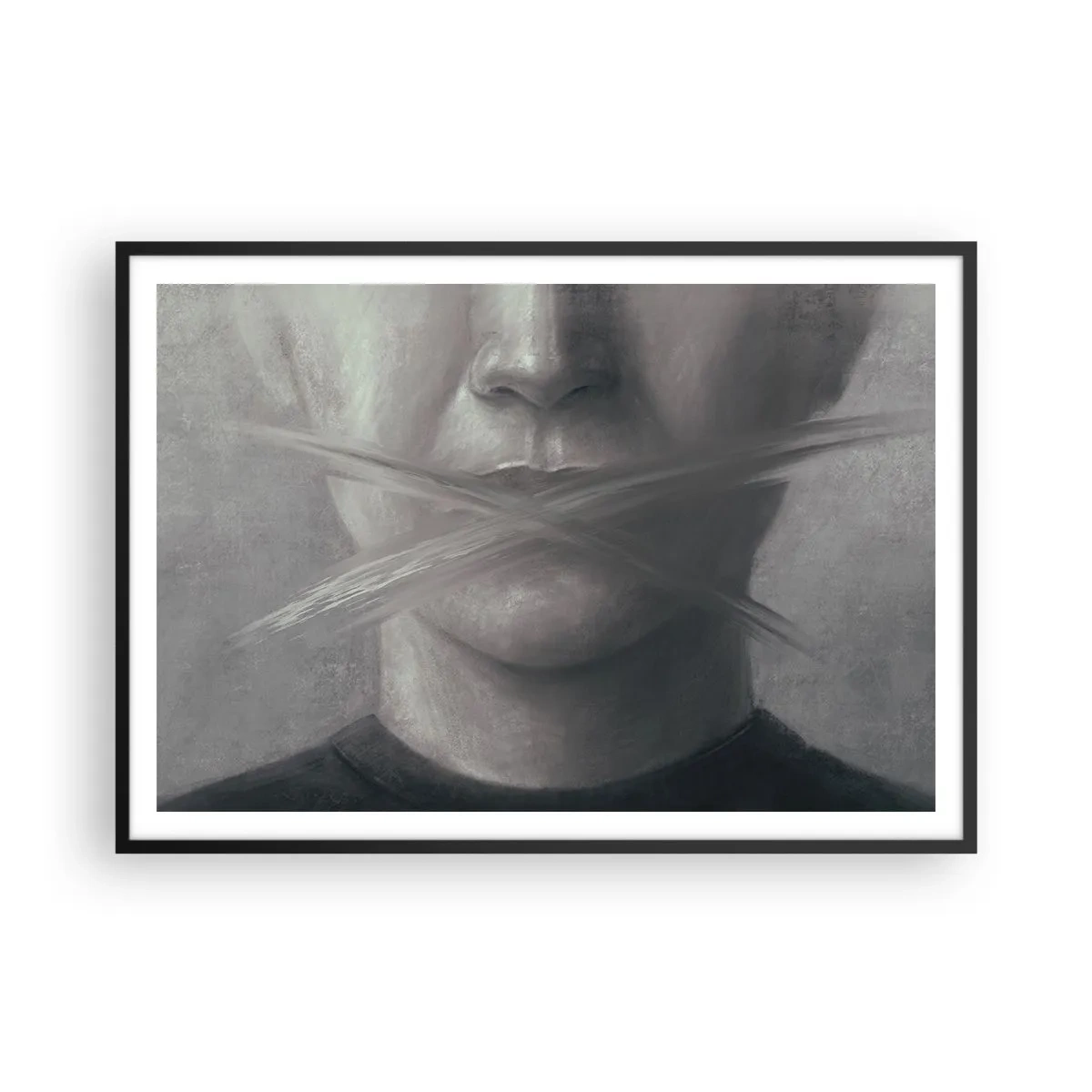 Plakat w czarnej ramie - Symboliczny portret z zamazanymi ustami w szarej tonacji - 100x70cm - Ani słowa - Nowoczesna dekoracja ścienna do salonu i sypialni ARTTOR