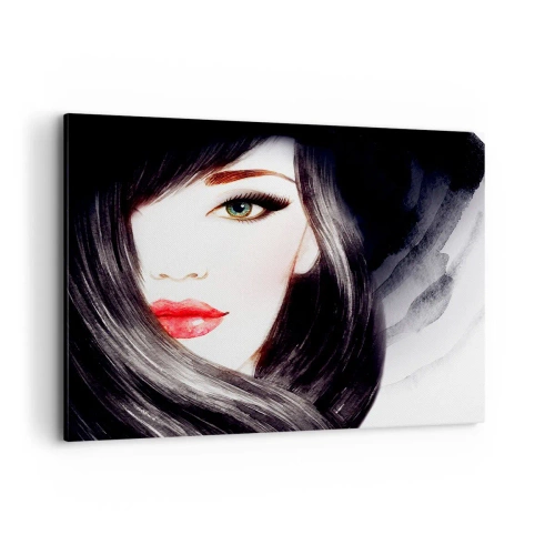 Obraz na płótnie - Portret kobiety z wyrazistym spojrzeniem i czerwonymi ustami - 100x70cm - Szafirowe spojrzenie - Nowoczesna dekoracja ścienna do salonu, kuchni i sypialni ARTTOR