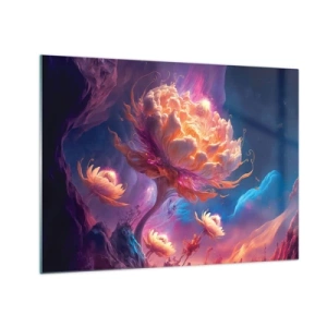 Obraz na szkle - Fantastyczny kwiat unoszący się w kosmicznej scenerii - 70x50cm - Inny świat - Nowoczesna dekoracja ścienna do salonu i sypialni ARTTOR