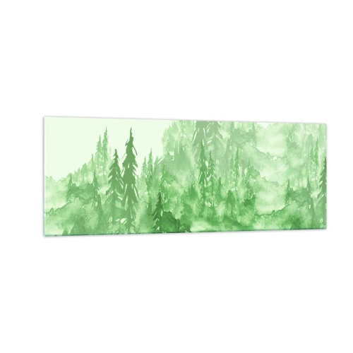Obraz na szkle - Zielony las w stylu akwareli na jasnym tle - 140x50cm - Rozmyty zieloną mgłą - Nowoczesna dekoracja ścienna do salonu i sypialni ARTTOR