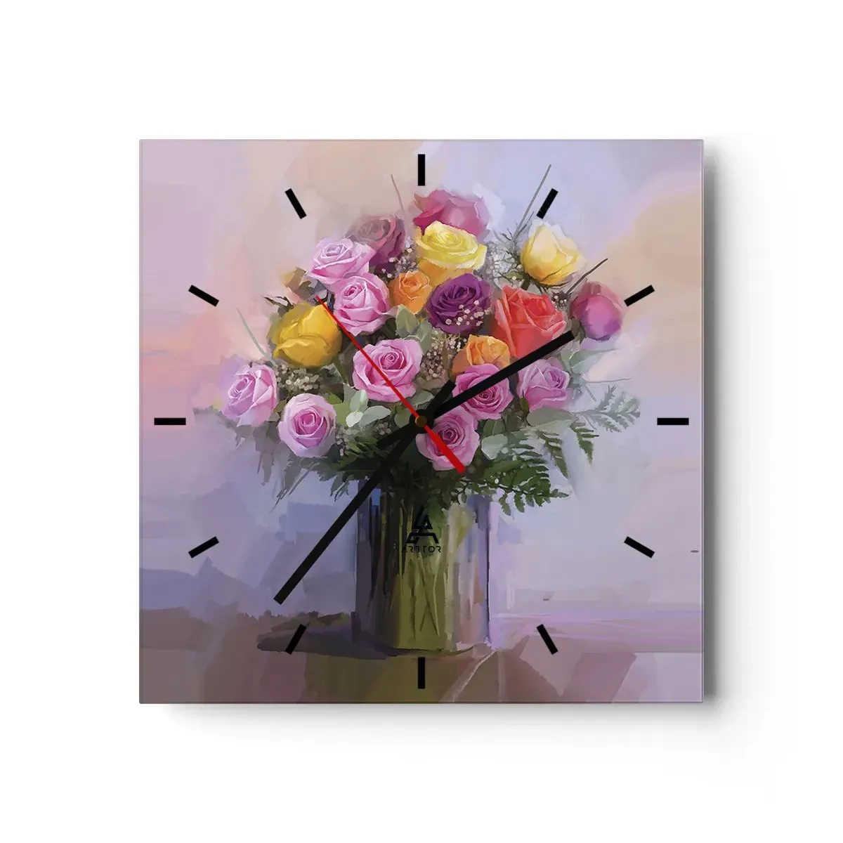 Zegar ścienny - Bukiet kolorowych róż w szklanym wazonie - 30x30cm - Zatrzymane piękno - Nowoczesna dekoracja ścienna do salonu i sypialni ARTTOR