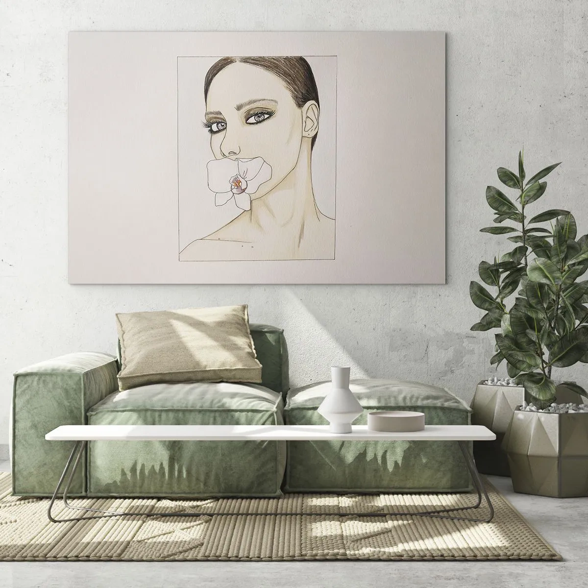 Obraz na szkle - Portret kobiety z orchideą w ustach na jasnym tle - 70x50cm - Symbol elegancji i piękna - Nowoczesna dekoracja ścienna do salonu i sypialni ARTTOR
