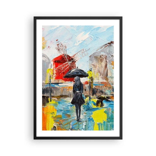 Plakat w czarnej ramie - Kobieta z parasolem na tle miasta w deszczu - 50x70cm - Paryskie legendy - Nowoczesna dekoracja ścienna do salonu i sypialni ARTTOR