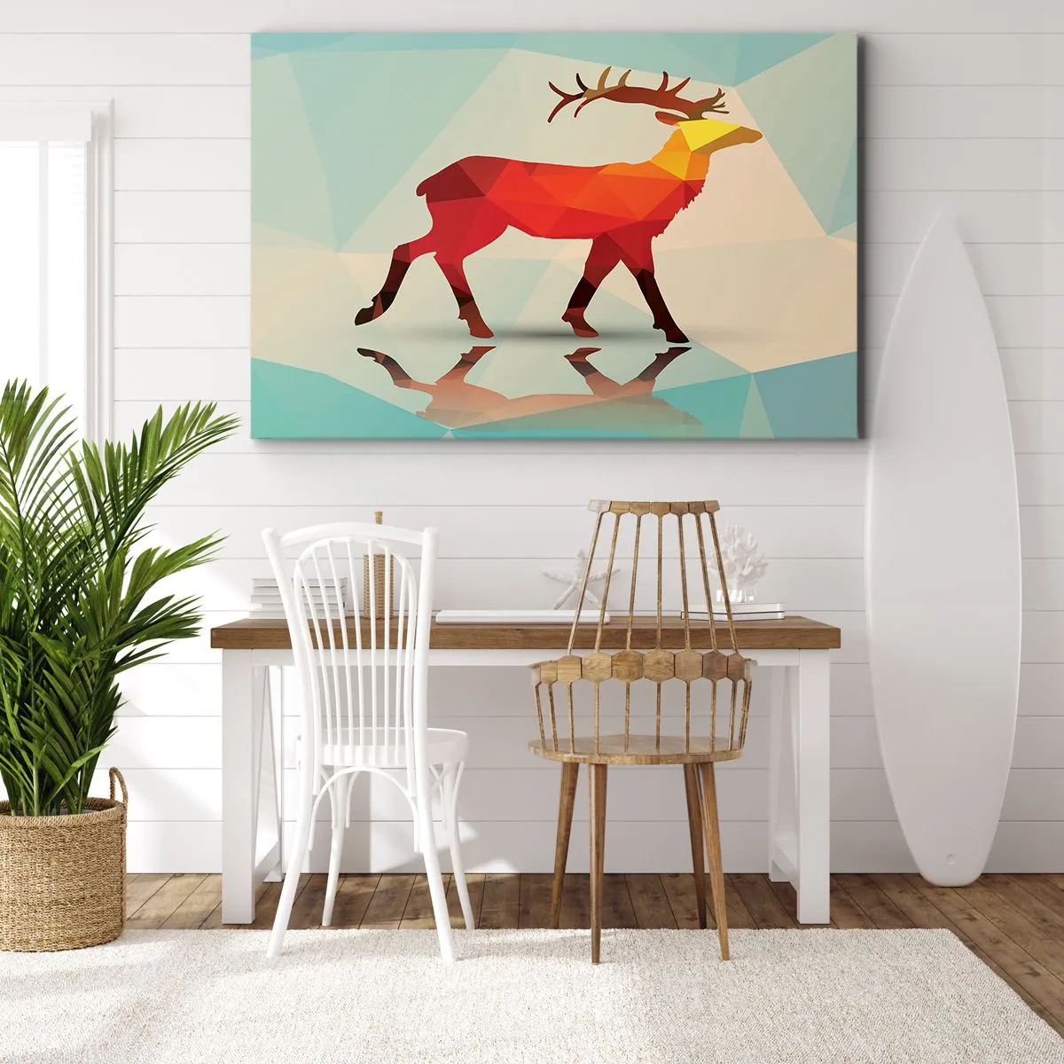 Obraz na płótnie - Geometryczna sylwetka jelenia w odcieniach czerwieni i pomarańczy - 70x50cm - Geometryczny jeleń - Nowoczesna dekoracja ścienna do salonu i sypialni ARTTOR