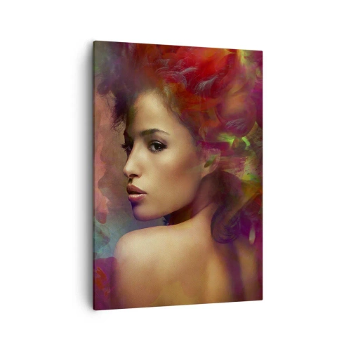 Obraz na płótnie - Portret kobiety otoczonej kolorową mgłą w artystycznym stylu - 50x70cm - Piękniejsza od tęczy, delikatna jak mgła - Nowoczesna dekoracja ścienna do salonu, kuchni i sypialni ARTTOR